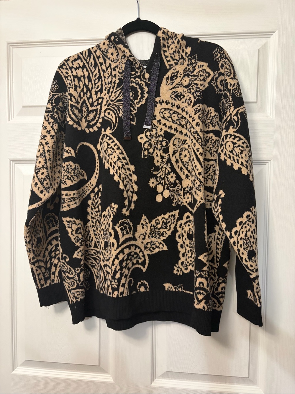 Black and Tan Paisley Knit Hoodie Sweater